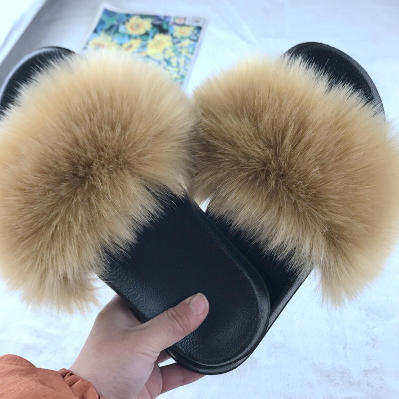 Summer Faux Fur Slippers Women Fox Fur Slides Indoor Outdoor Flat Furry And Fluffy Fake Fur Sandals Woman Shoes Flip Flops
