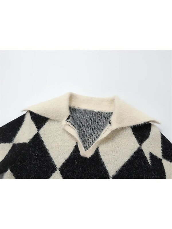 Женский укороченный свитер в клетку, вязаный пуловер с длинными рукавами и отворотами, в винтажном стиле, Осень-зима 2022