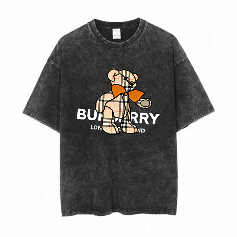 Men Luxury Short Sleeve T-shirt Vintage Washed Distressed Denim T Shirt Loose Fit Letter Bear Print Summer Tshirt + Shorts Set