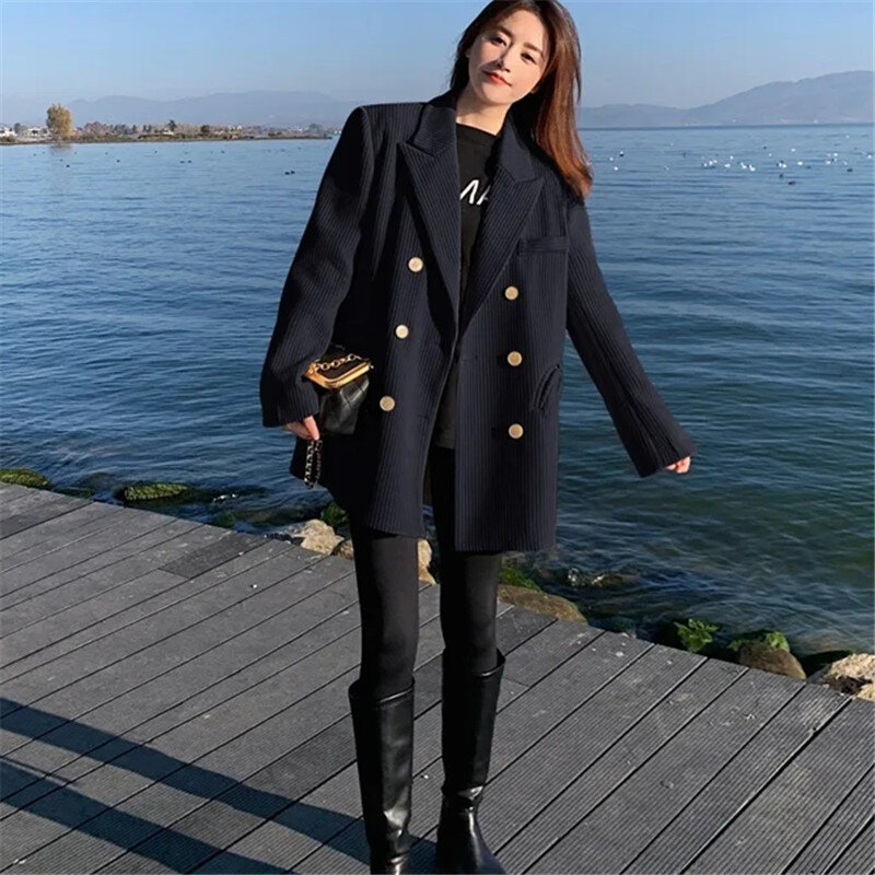 Harajuku Blazer donna 2022 autunno moda doppio petto Blazer di velluto a coste cappotto Vintage manica lunga capispalla femminile Chic top