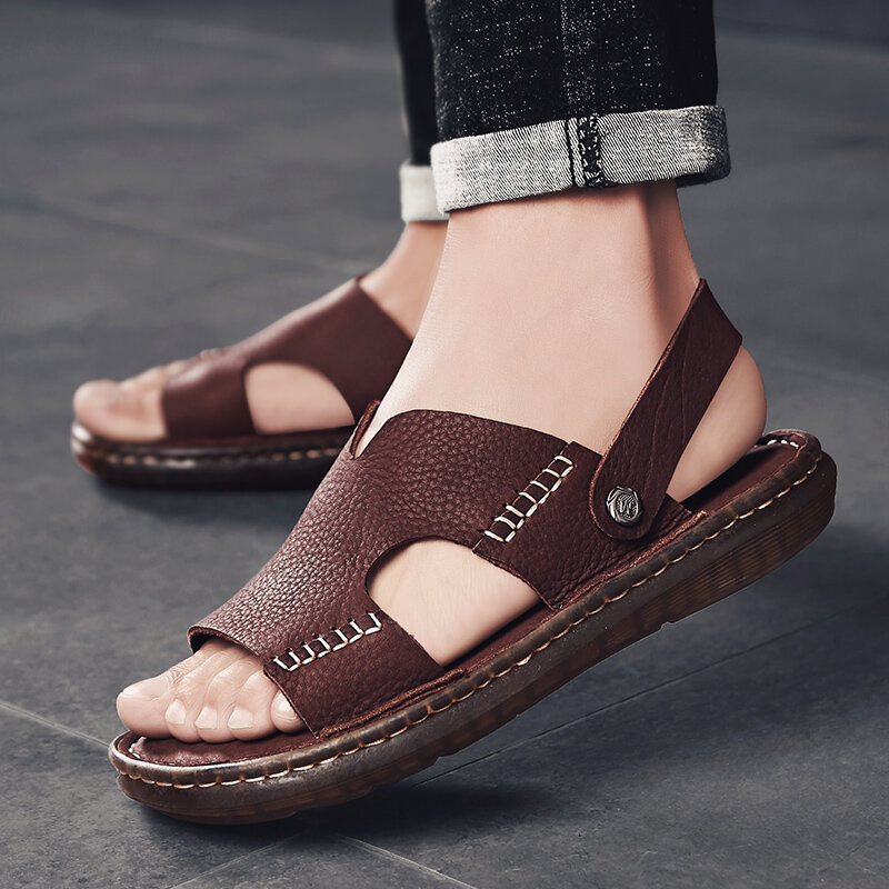 Venda quente dos homens verão moda casual sandálias masculino respirável primeira camada chinelo couro genuíno plana confortável lazer sapato