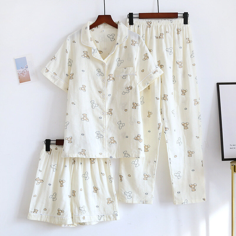 Pijamas de três peças conjunto feminino shorts de manga curta calças primavera/verão algodão gaze fina lapela absorção de suor roupas para casa