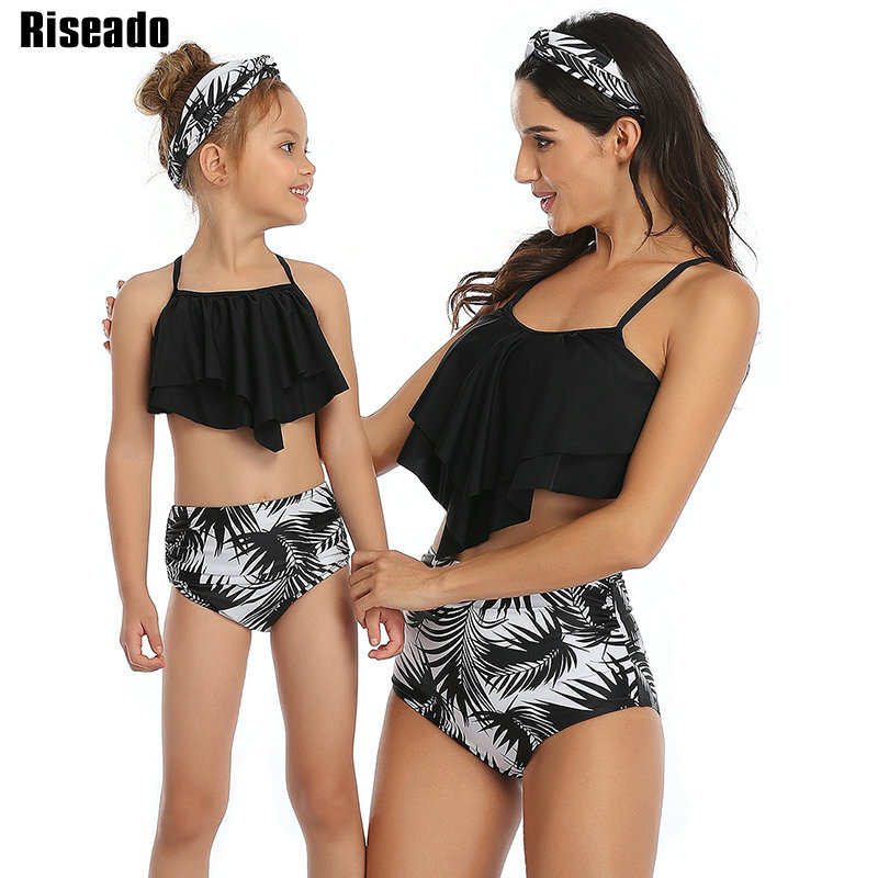 Riseado гофрированный купальник с высокой талией, купальный костюм бикини с перекрестной повязкой, комплект бикини для мамы и дочки, новинка 2021...