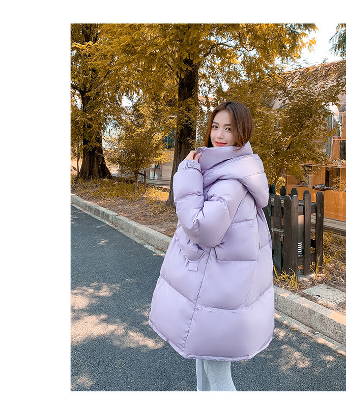Chaqueta de plumón con capucha de longitud media para mujer, ropa coreana holgada de talla grande, chaquetas cálidas con bolsillo y hebilla de más cremallera para invierno