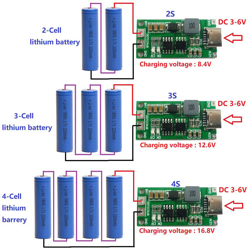 Neue 1PC Li-Ion batterie ladegerät Multi-Zelle 2S 3S 4S Typ-C Zu 8,4 V 12,6 V 16,8 V Step-Up-Boost Li-Ion Ladegerät Lithium-Batterie 18650