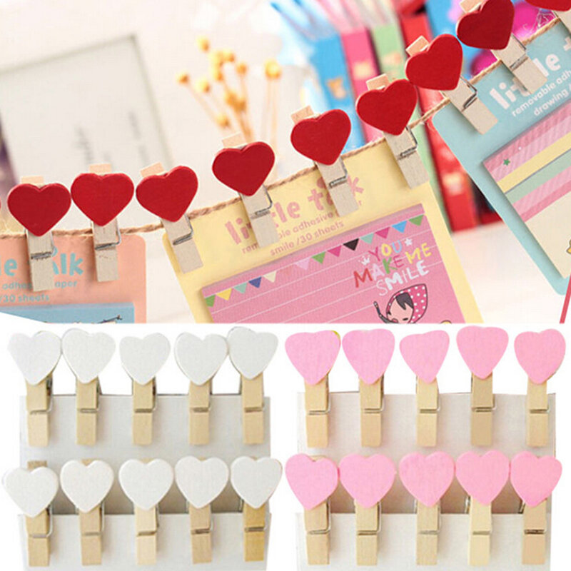 20 Pcs Colored Mini Love Heart Wooden Office Supplies Craft Memo Clips DIY Clothes Paper Photo Peg Decoration 3.5x0.7cm