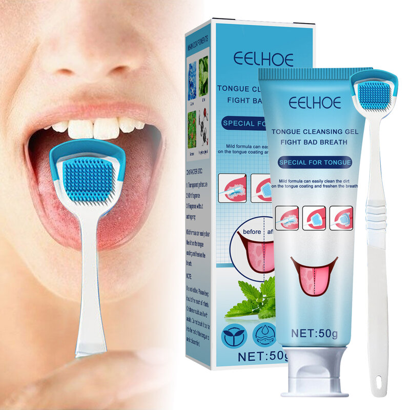 Silicone Tongue Cleaning Kit com escova, Tongue Cleaner, Scraper, Toothbrush, Fresh Breath