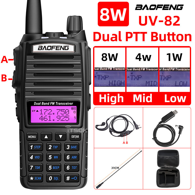 Baofeng uv 82 walkie talkie real 8w 5 rádio presunto comunicador duplo ptt de longa distância em dois sentidos portátil fm rádio cb amador estações