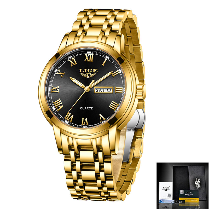 Lige-高級メンズウォッチ,クォーツ腕時計,ゴールド,耐水性,ラージクロノグラフ