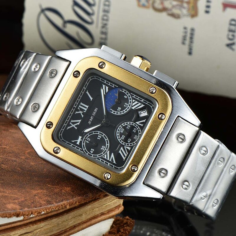 Quadrado marca original relógios masculinos clássico multifunções fase da lua de aço relógio de pulso data automática cronógrafo quartzo aaa relógio