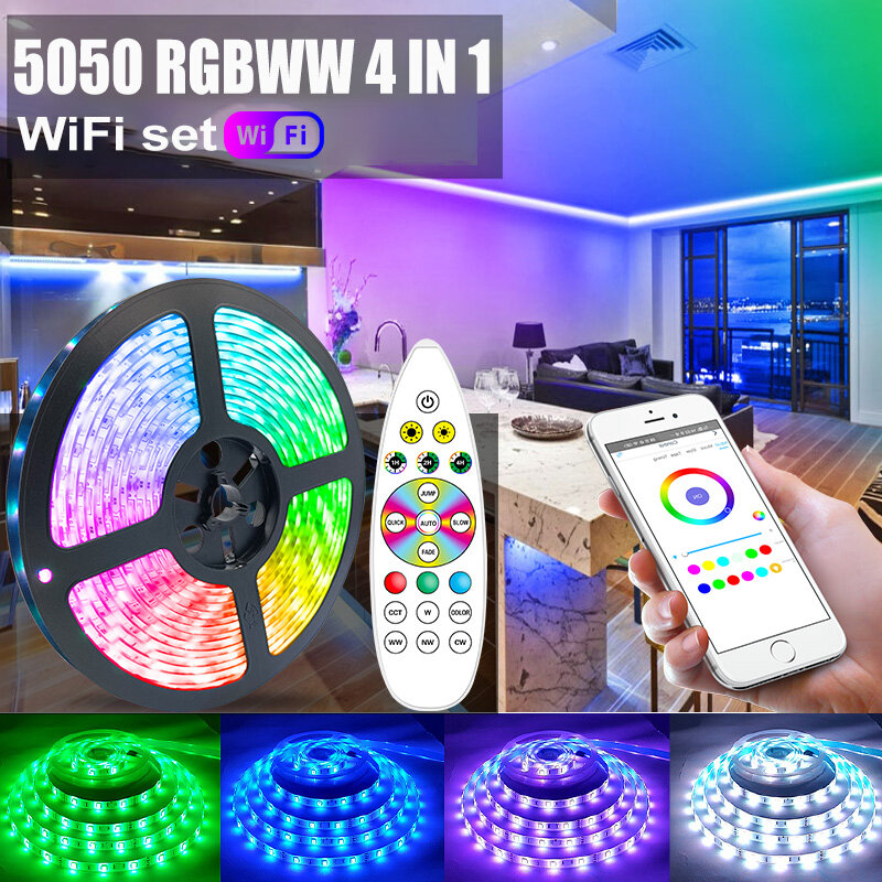 Bande lumineuse Led RGB WIFI 5050 RGBWW 4 en 1, 1M-20M, rétro-éclairage pour smartphone, décoration pour chambre à coucher, salon, TV