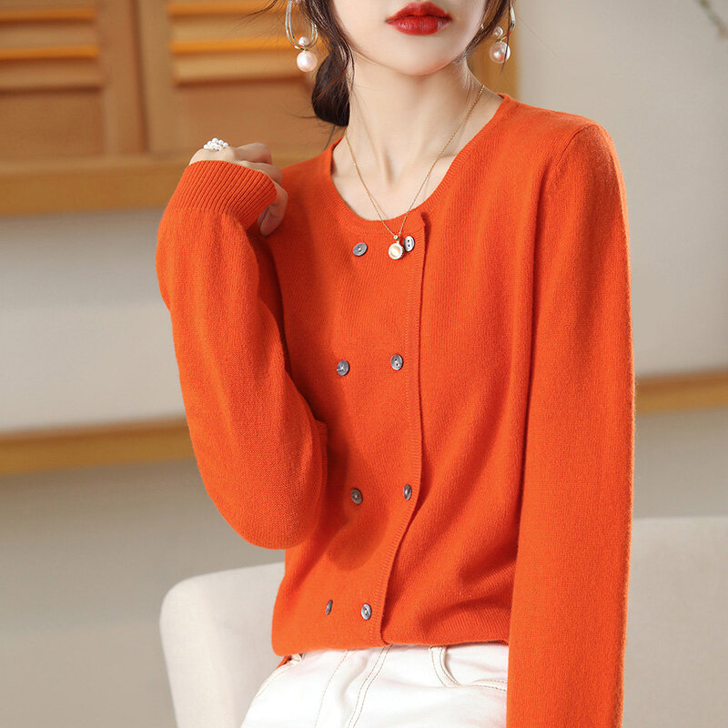 Primavera y verano de lana para mujer, suéter cárdigan de punto de doble botonadura con cuello redondo de Color sólido, ropa exterior Simple, nueva versión coreana.
