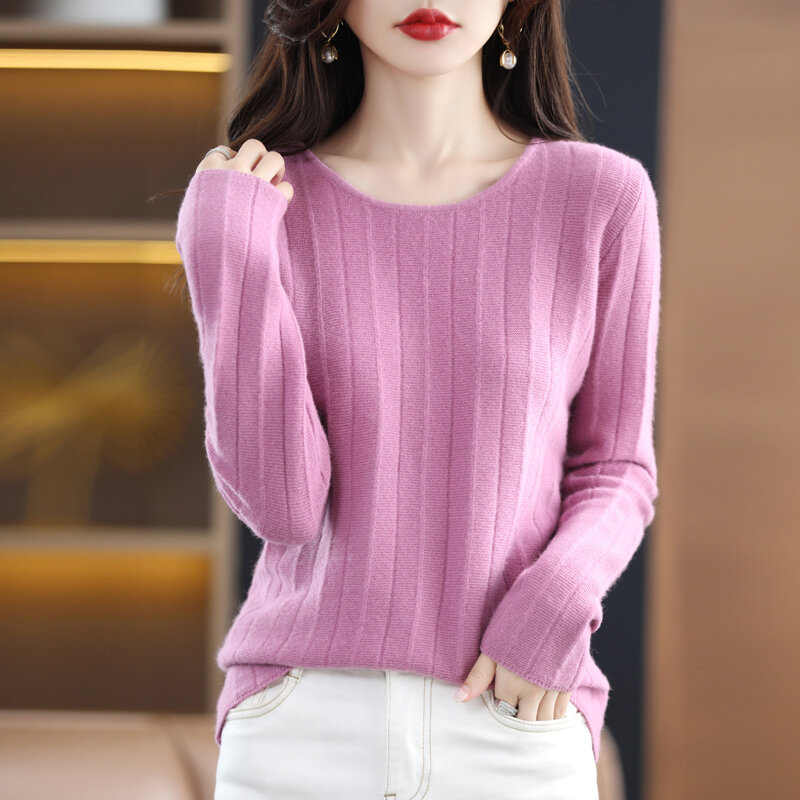 2023 New 100% Pure Woolen Sweater Women's Knitted Pullover Loose O-Neck Long Sleeve Sweater Western Style Versatile Backing Tops