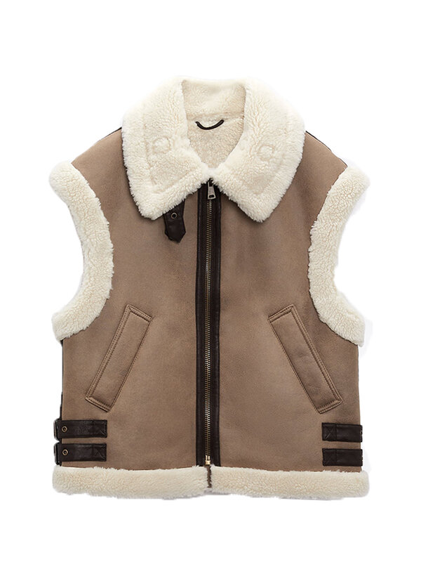 Winter women's fur one-piece vest jacket washed fur wool fabric warm jacket 2023 European and American fashion fur vest jacket
