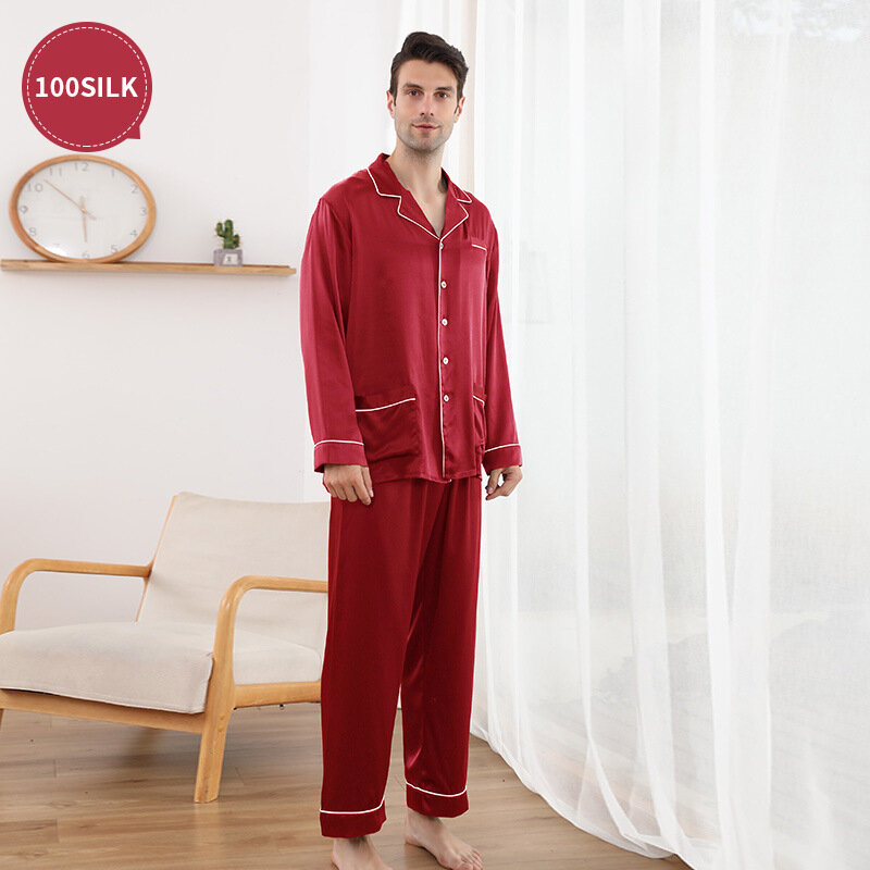 22 momme-Pijama de seda auténtica para hombre, conjunto de ropa de dormir de manga larga, 100%
