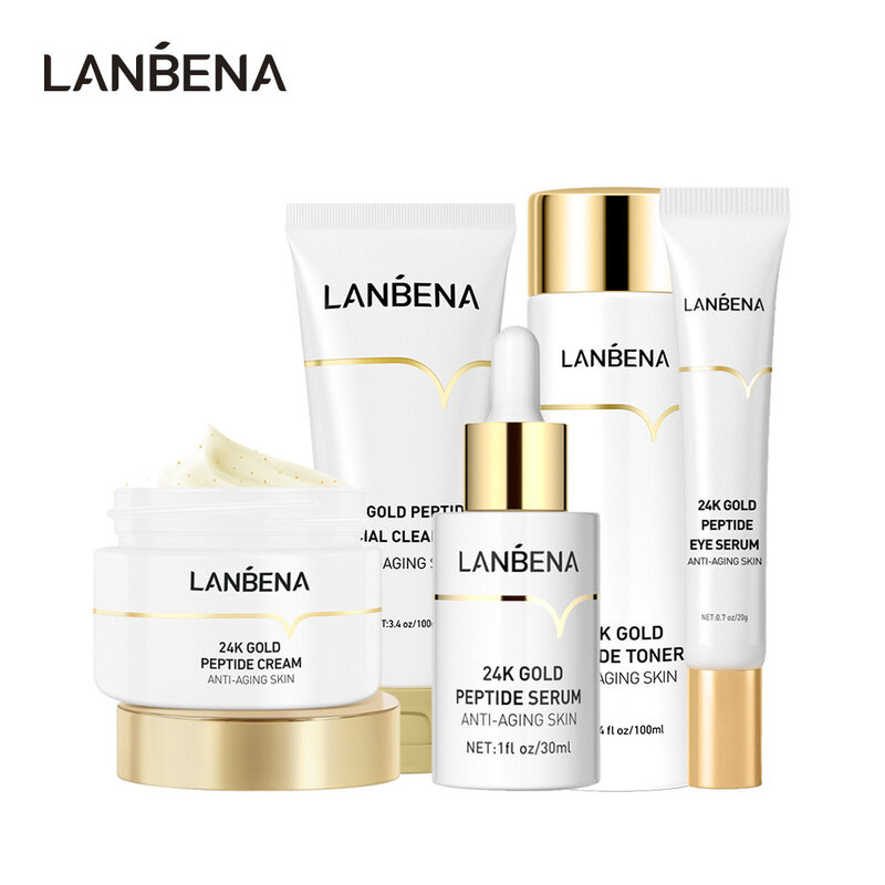 นาฬิกา LANBENA 24K Gold Peptide Anti Aging Set Essence Firming Face Cream Toner Cleanser ลบ Dark Circles Eye Cream เซรั่มชุด5PCS