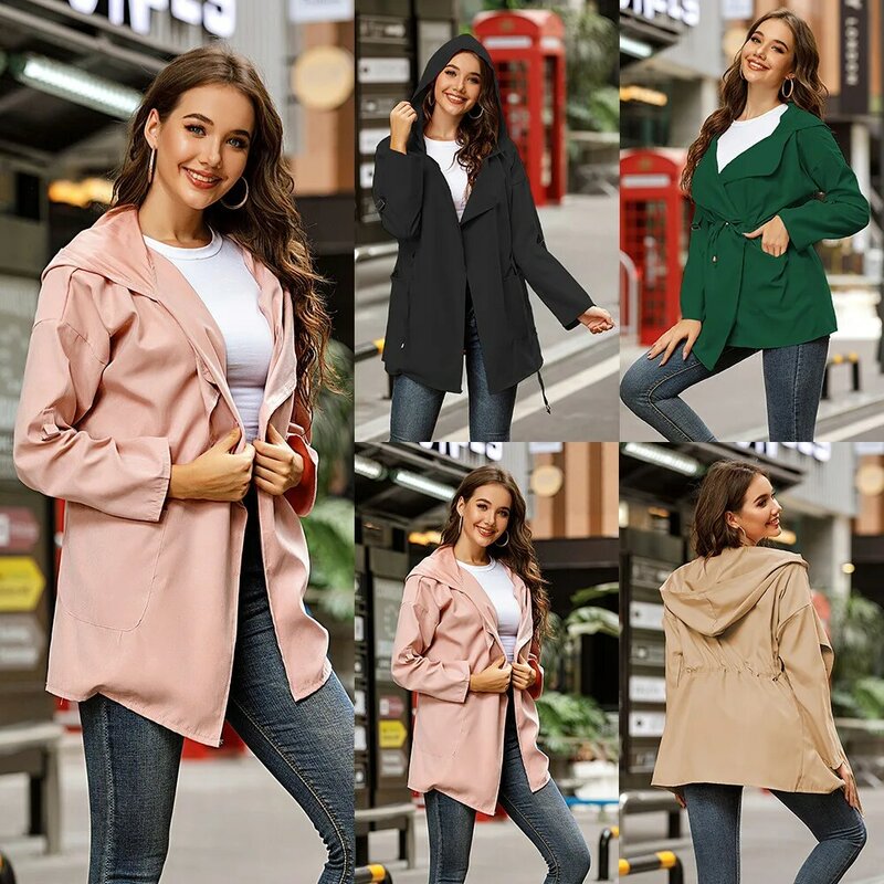 Spring Autumn Hooded Windbreaker Coats Women's Mid-Length Trench Coat 2022 New Thin Female Jacket Casual Outerwear