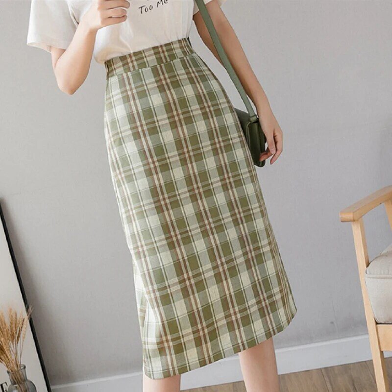 Wisher & tong vintage xadrez saia de altura cintura feminina lápis saia coreano moda volta dividir saias verdes primavera 2022 jupe femme