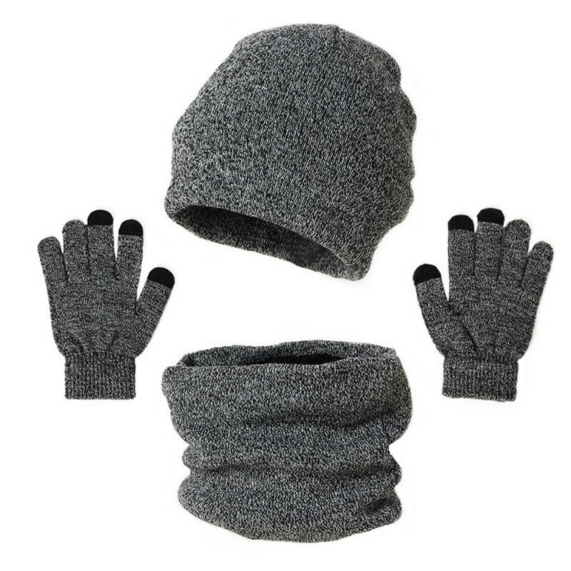 Traje térmico de invierno para hombre y mujer, conjunto de 3 unids/set de gorro de punto, bufanda y guantes de pantalla táctil, gorro de calavera cálido de Color sólido, regalos