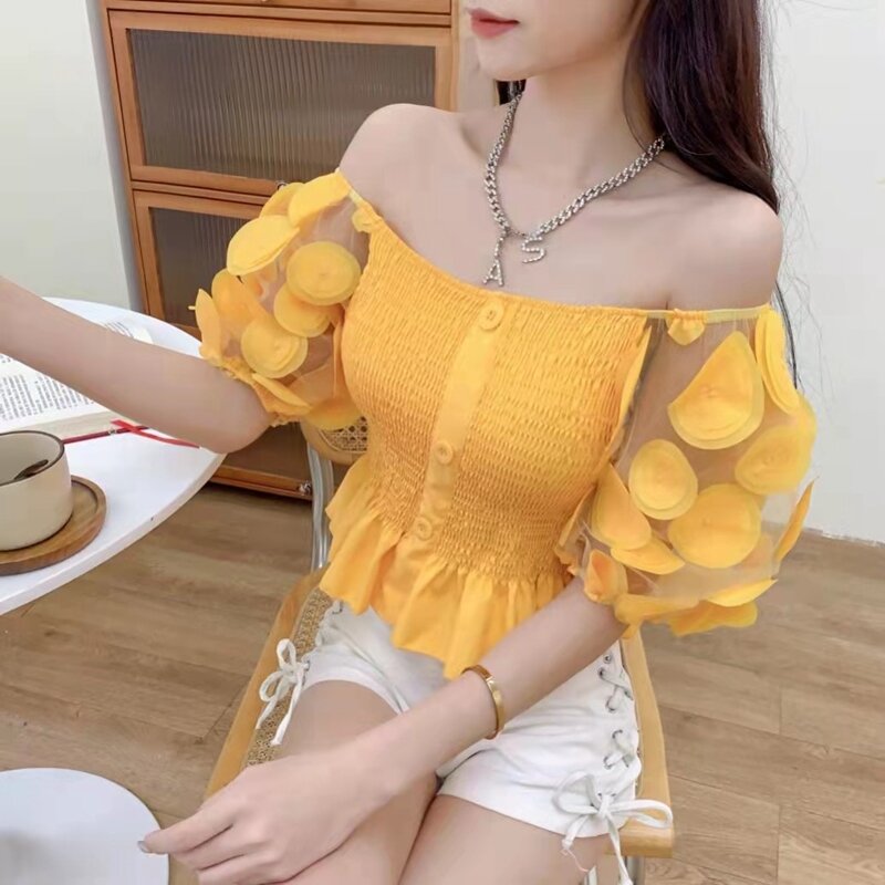 Summer Puff Sleeve Corset Tops Women 2023 Fashion Short Sleeve Casual White Black Blouses Sexy Slim Hollow Out Blusas Mujer Y2k