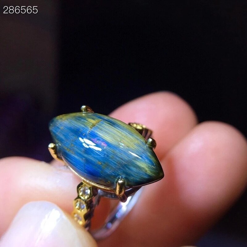 Cincin Dapat Disesuaikan 17.6/9.4Mm Atosite Namibia 925 Perak Wanita Pria AAAAAA Batu Permata Mata Kucing Bermerek Alam Biru