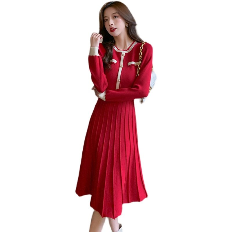 2022 Autumn and Winter New Pleated Waist Slim Long Skirt Dress Yujie Light Familiar Knitted Color Matching Large Swing Dress
