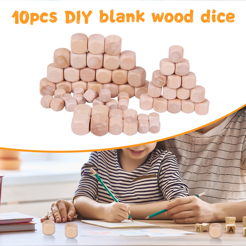 10pcs Blank Wood Dice DIY Game Printing Engraving Wood 6 Sided Cube Dices Family Party Board Game Accessories Kids Toys