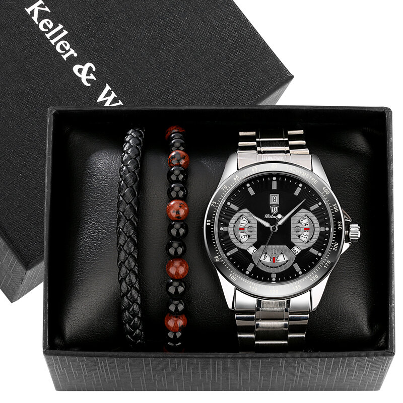 Mens Quartz นาฬิกาข้อมือสแตนเลสหรูหราแฟชั่นนาฬิกาสร้อยข้อมือชุดของขวัญสำหรับชาย Regalos Para Hombre