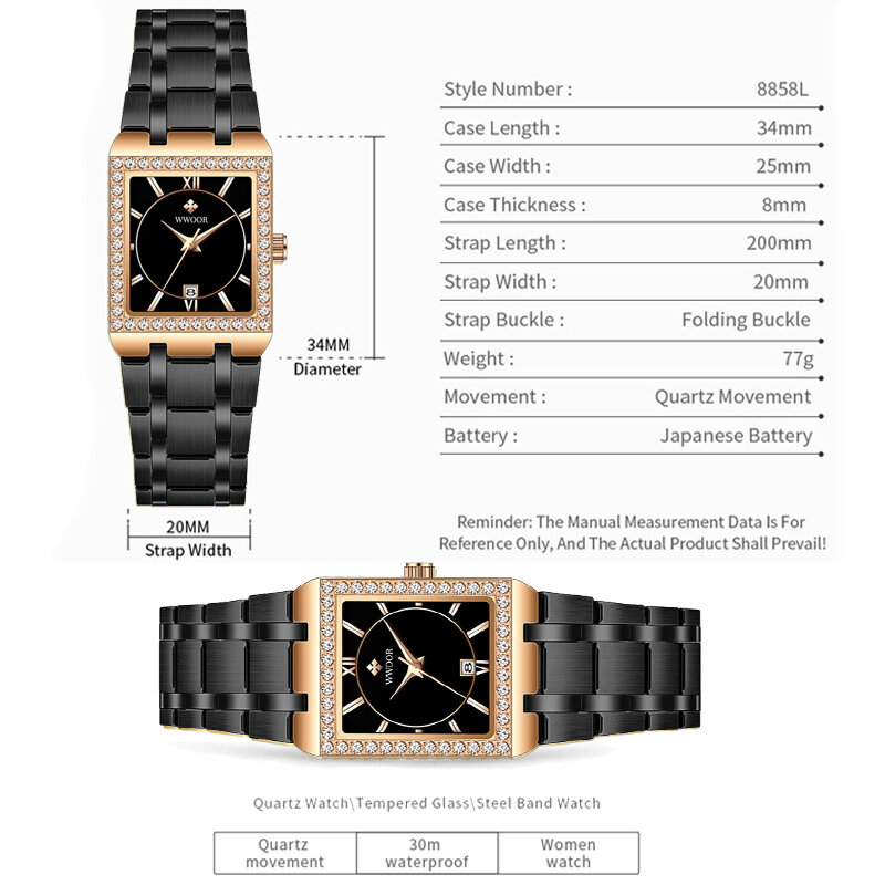 Reloj Mujer WWOOR New Rose Gold Women Watches Top Luxury Fashion stainless steel Square Ladies Wrist Watches Diamond Small Clock