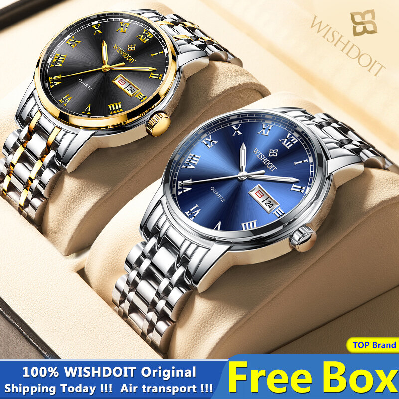 WISHDOIT-Reloj de pulsera de cuarzo para hombre y mujer, cronógrafo de acero inoxidable, informal, resistente al agua