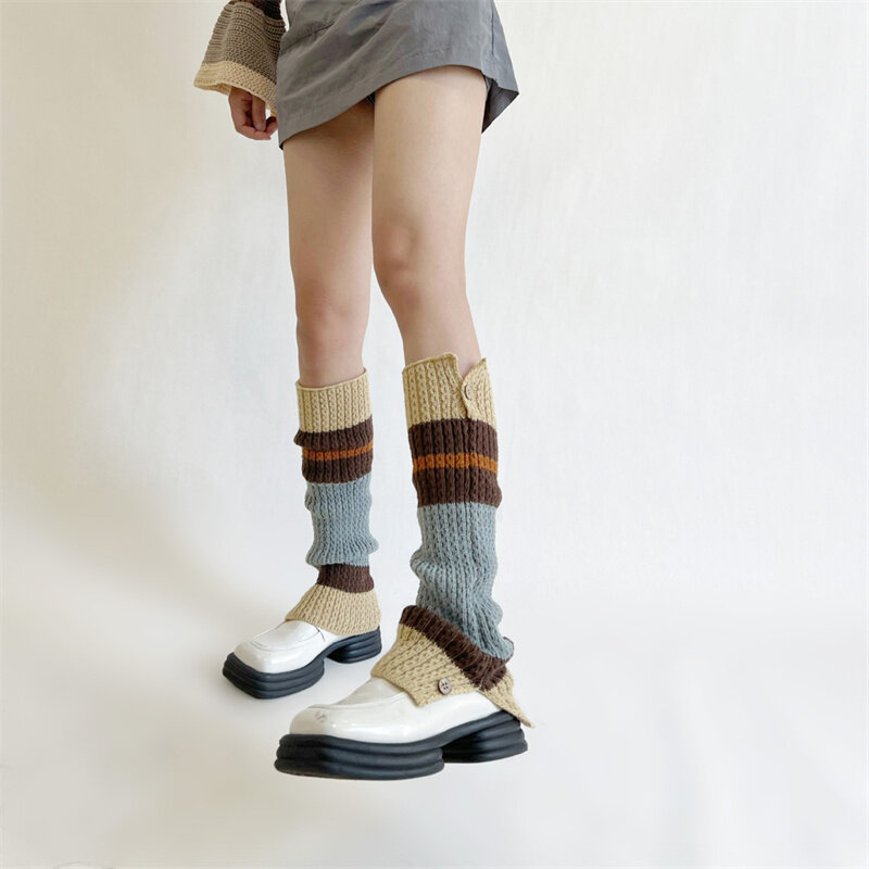 Chauffe-jambes rétro, chaussettes longues tricotées avec bouton d'ouverture Y2K Harajuku, couleur contrastée japonaise, nouvelle collection
