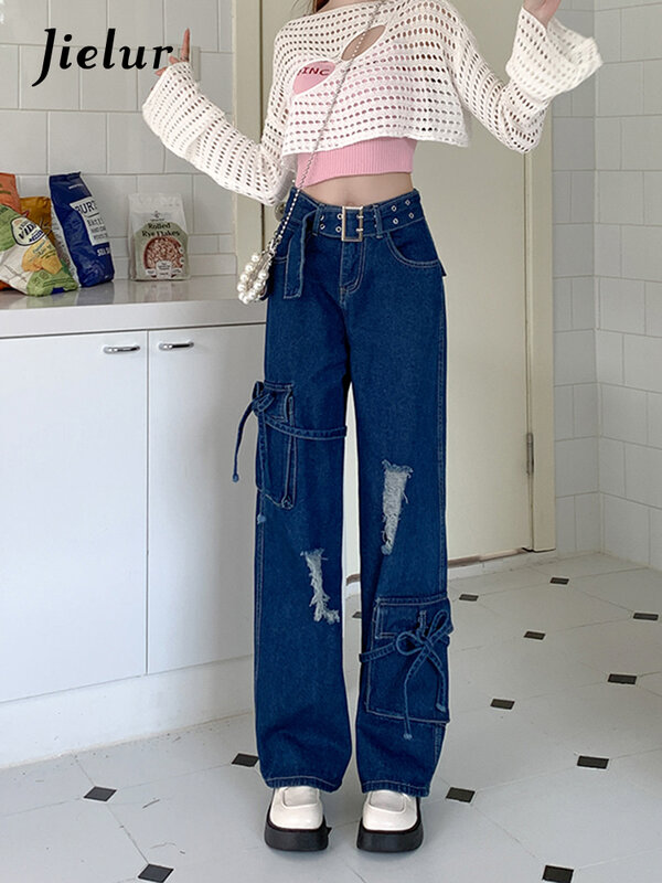 Jieur Jeans Sobek Pinggang Tinggi Perempuan Populer Celana Panjang Wanita Celana Lebar Lurus Tali Kasual Fashion Jalanan Musim Gugur Wanita S-XL