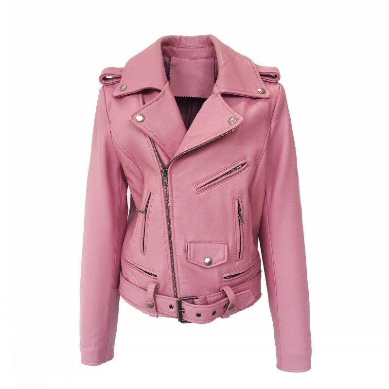 Женская Короткая кожаная куртка, розовая весенняя куртка из натуральной кожи с лацканами, уличная одежда