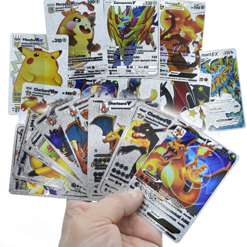 2022 새로운 포켓몬 카드 메탈 골드 Vmax GX 에너지 카드 Charizard 피카추 희귀 컬렉션 배틀 트레이너 카드 어린이 장난감 선물