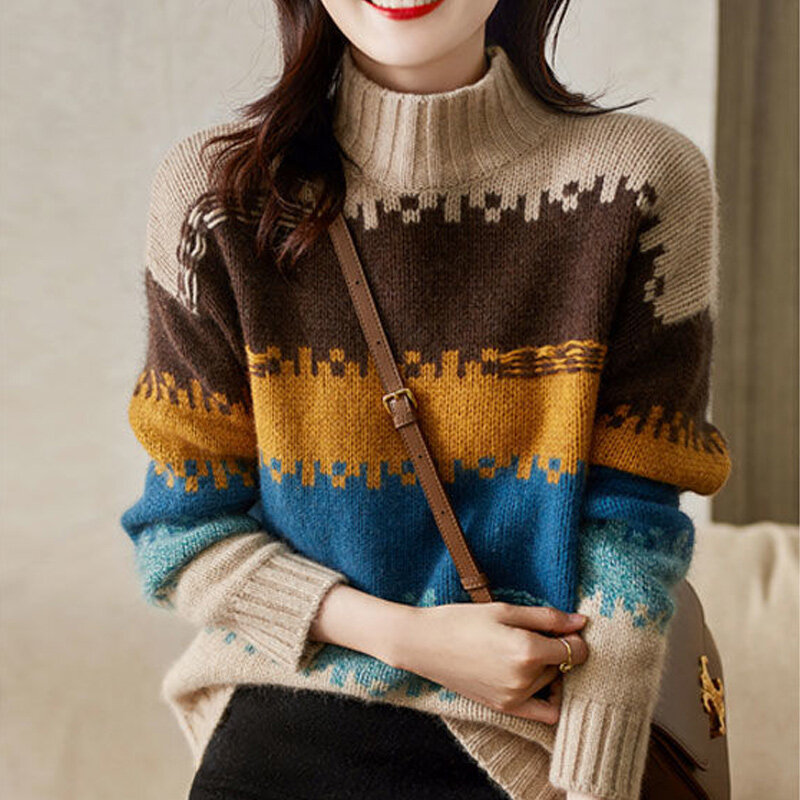 Sweter z półgolfem damski 2022 nowa jesienno-zimowa moda luźny i wszechstronny topowy sweter pasujący kolorystycznie sweter