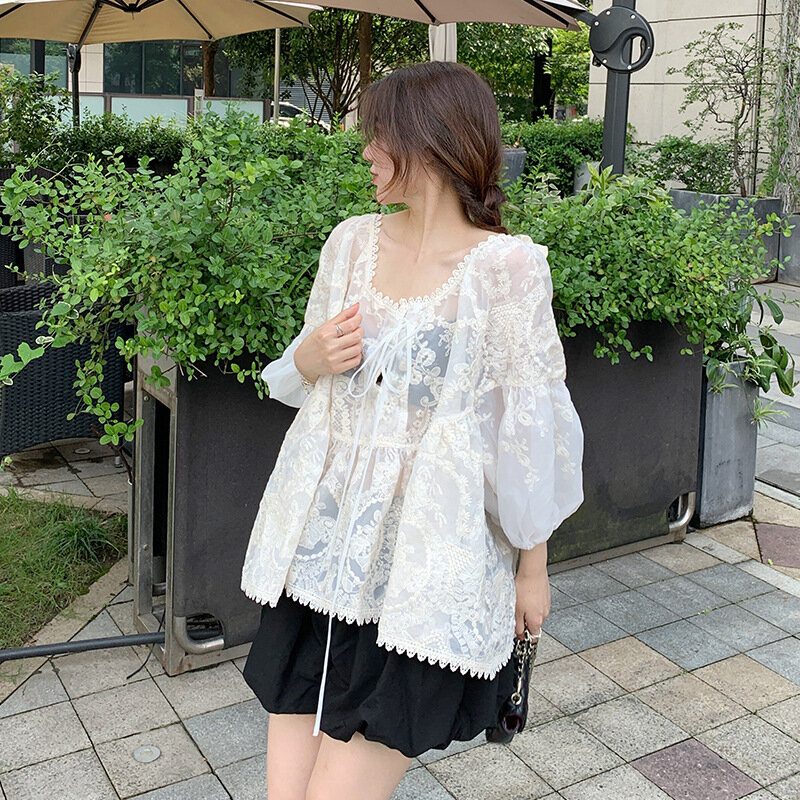 2022 Summer New Women's Top Solid Color Hollow Out Slightly Transparent Embroidered Baby Shirt Chiffon Shirt Boho Chic Blouse