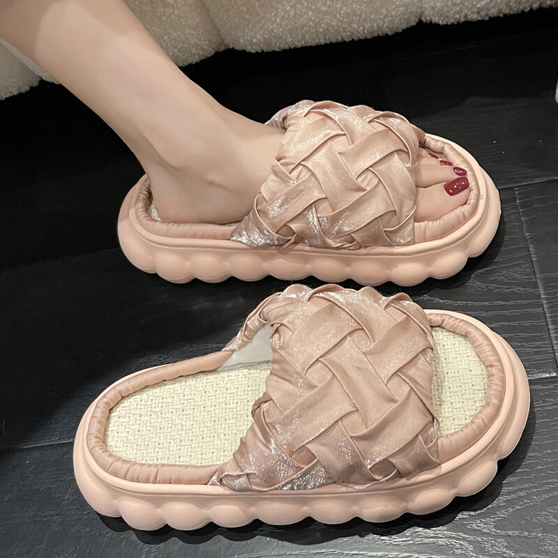 Zapatillas de exterior con plataforma gruesa de satén para mujer, Sandalias planas de lino transpirables, chanclas antideslizantes de verano, 2022