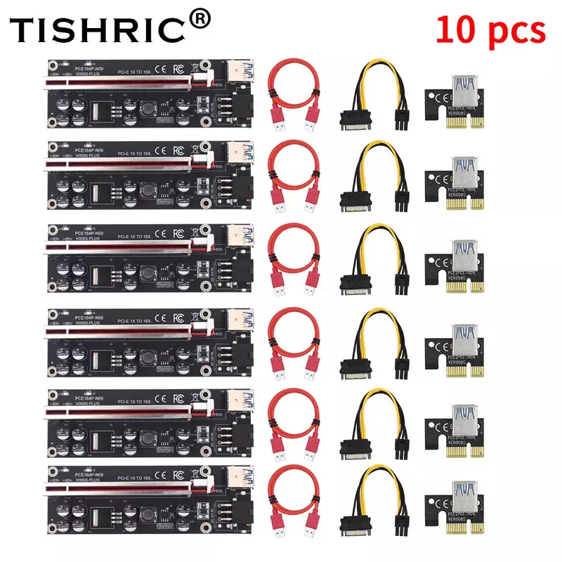 10pcs TISHRIC GPU PCIE/PCI-E Riser 009S 010 Plus card PCI E X16 PCI Express 6Pin to 1X USB3.0 LED Mining Riser for Video  Card
