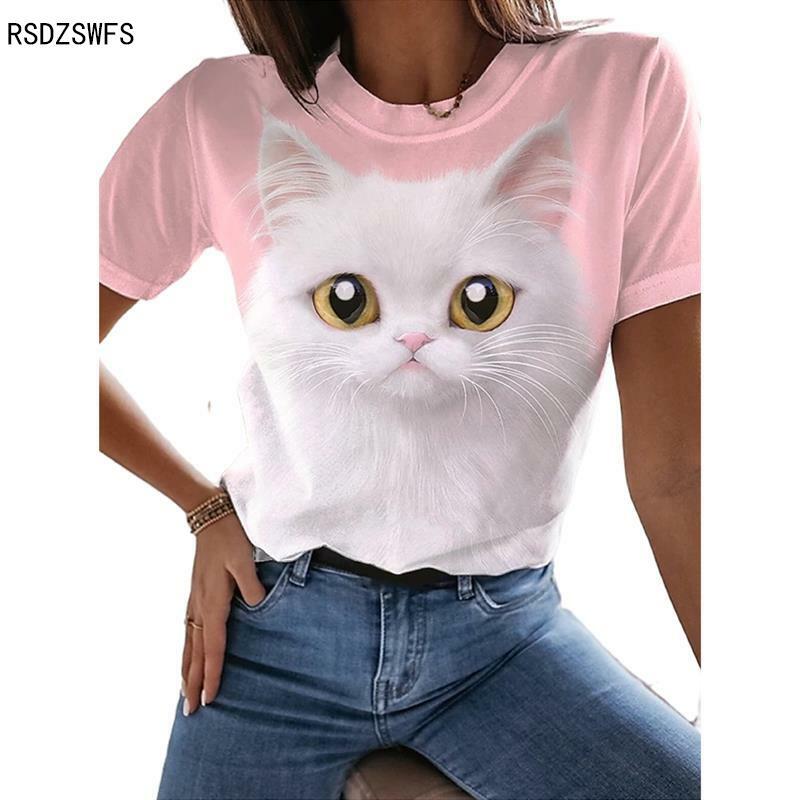 2022 verão novo rosa das mulheres topos kawaii bonito gatos amor topos harajuku manga curta streetwear casual feminino