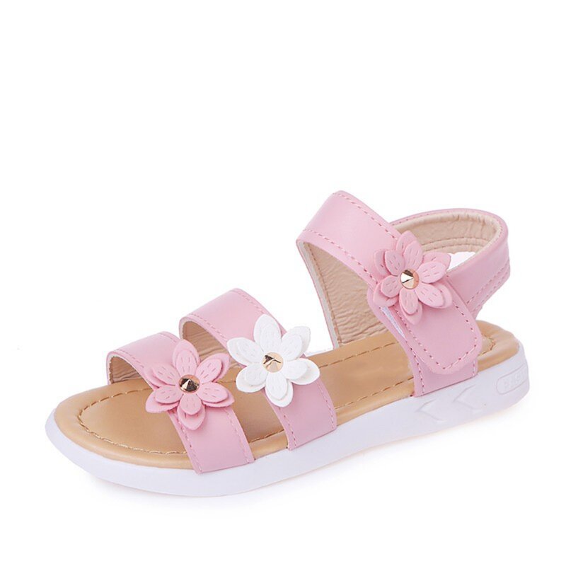 Weixinbuy maluch miękkie antypoślizgowe podeszwy PU skórzane sandały dla dzieci dziewczyny sandały z wzorem w kwiaty Casual impreza na plaży płaskie buty 1-9 lat