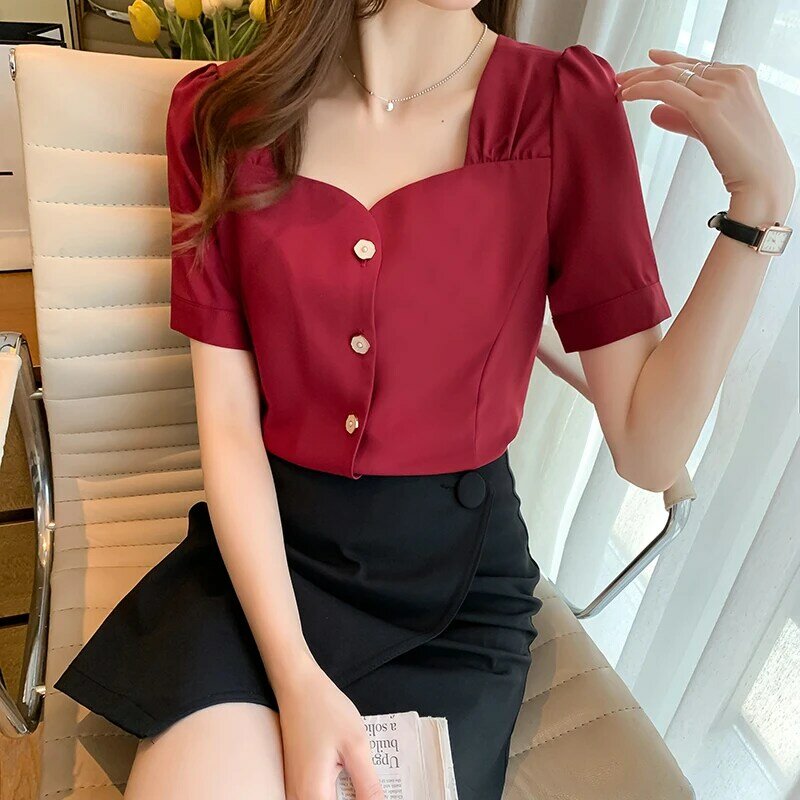 Tinta unita manica corta estate 2022 camicie da donna top camicetta in Chiffon dolce vino rosso Camisas coreano De Mujer 669F