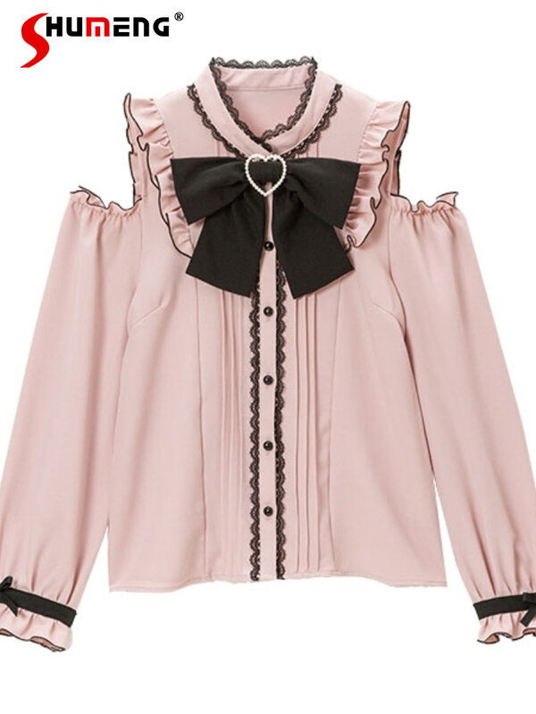 Elegante frauen Blusen Hemd Japanischen Lolita Kleidung 2022 Neue Off-die-Schulter Lange Dleeve Liebe Herz Blusen blusa Feminina