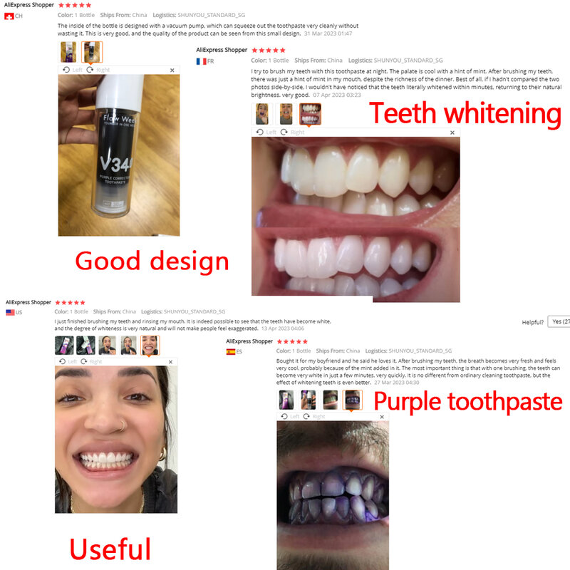 Par de dientes V34, Gel de pasta de dientes antisensible, blanco brillante, blanqueador, elimina manchas de humo, placa, aliento fresco