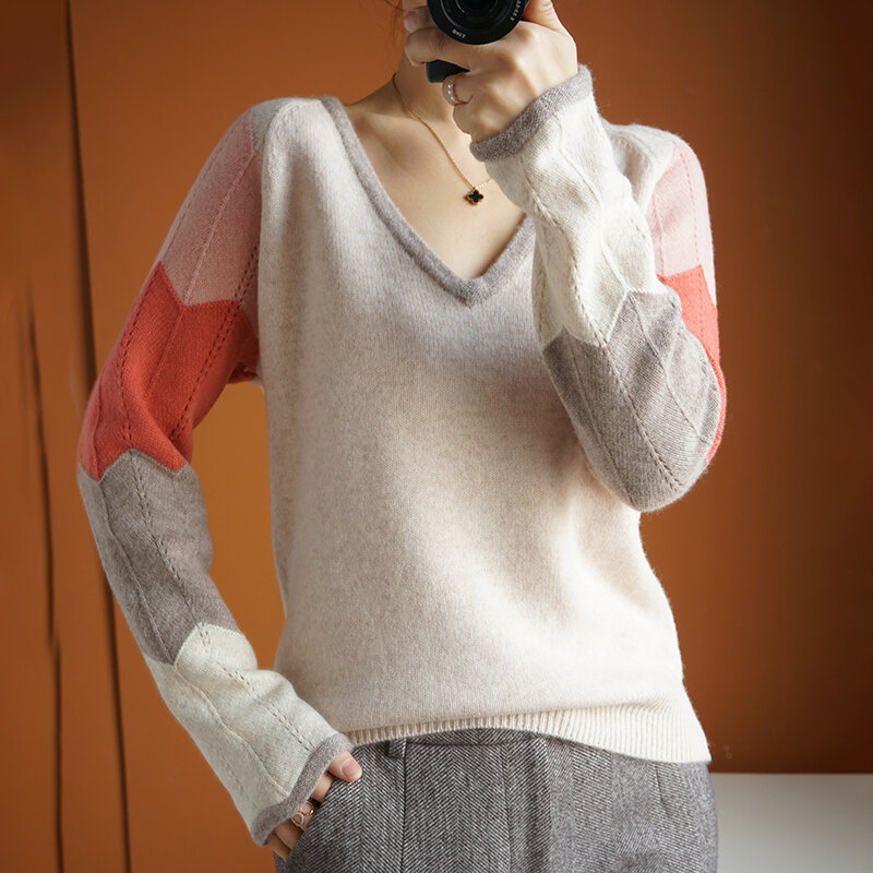 Suéter con cuello en V para mujer, Jersey de punto, holgado y fino, a la moda, Color a juego, camisa de manga larga, 2022