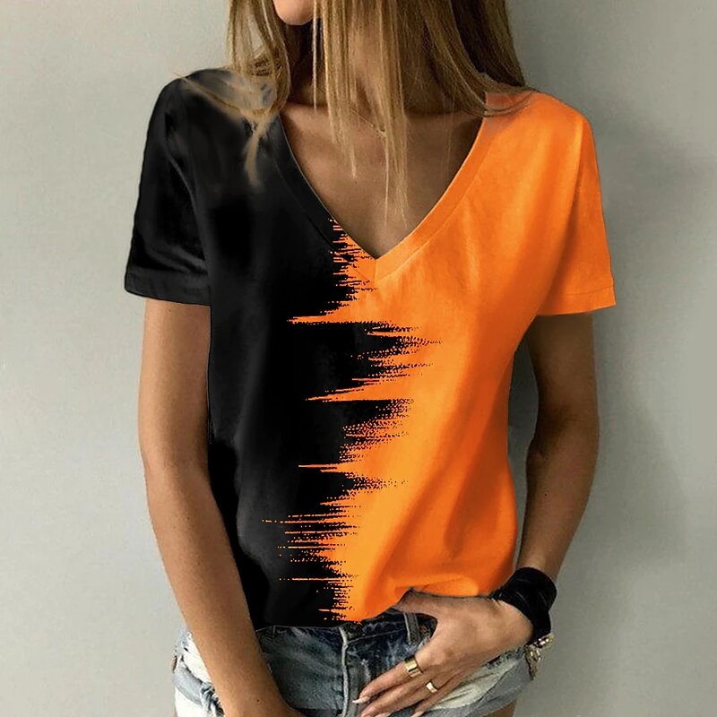 2022 New Summer Women's 3D Print Painting T Shirt Casual Loose Colorblock Print V Neck Basic Top Shirt Pullover