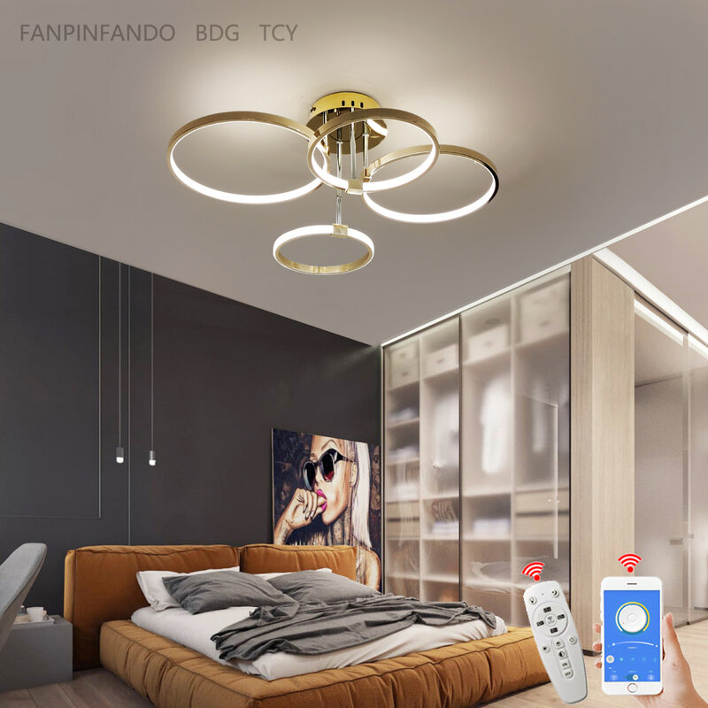 Fpfd chapeamento de ouro moderno led luzes de teto para sala estar estudo quarto conduziu a lâmpada do teto da cozinha anéis lustre