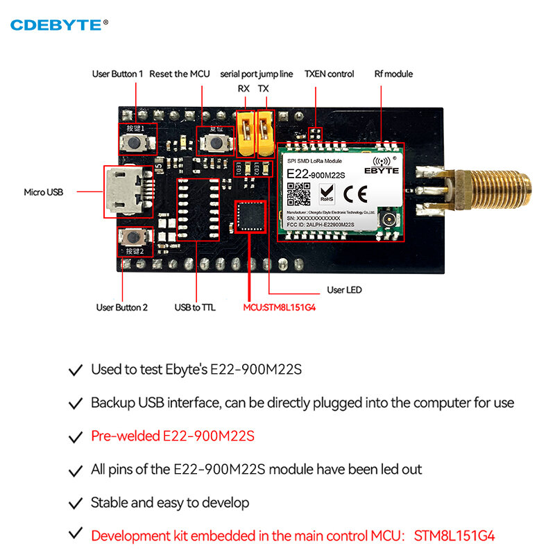 SX1268 DIY Không Dây LoRa Thử E22-900MBL-01 22dBm 7Km USB Trước Hàn E22-900M22S Tương Thích Với E07/E30/E220/E32/E22 IoT