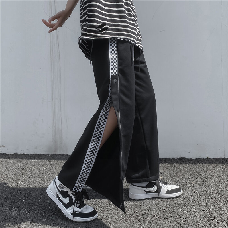 Cintura alta solta tubo reto drapeado perna larga calças reflexivas retro checkerboard grid clash cor linha botão perna larga calças