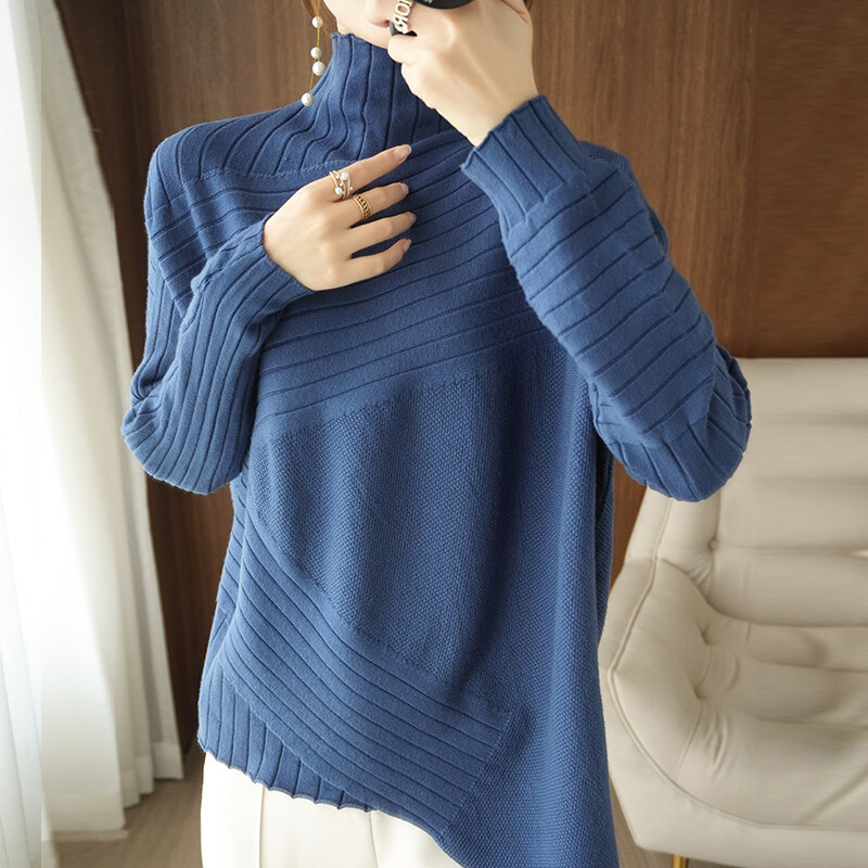 여성 플러스 사이즈 스웨터 하프 터틀넥 봄 가을 한국 버전 2022 New Outer Wear 불규칙한 긴팔 루즈 한 스웨터