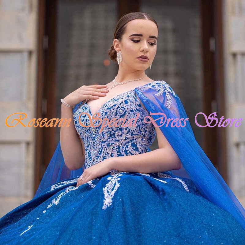 Изысканные синие платья Quinceanera мексиканские с V-образным вырезом со шнуровкой фото с накидкой Кружевная аппликация трапециевидные платья для XV лет
